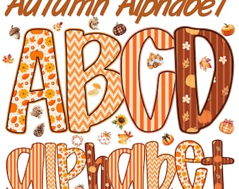 May include: A decorative autumn-themed alphabet design with the words "Autumn Alphabet" in brown. The letters A, B, C, and D are featured, each with unique patterns including pumpkins, flowers, and stripes. Fall leaves and pumpkins surround the letters.