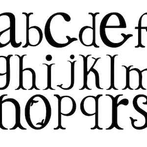 May include: Black lowercase alphabet letters in a decorative serif font. The letters a through s are displayed, with each letter having a unique design. The letters are evenly spaced against a white background.