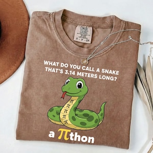 May include: Brown Comfort Colors t-shirt with the text "WHAT DO YOU CALL A SNAKE THAT'S 3.14 METERS LONG?" and a cartoon snake. The snake is green with yellow markings and the text "a πthon" below.