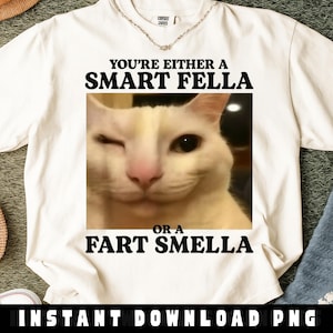 Puede incluir: Camiseta blanca con una imagen de gato guiñando un ojo y el texto "YOU'RE EITHER A SMART FELLA OR A FART SMELLA". La camiseta tiene cuello redondo y mangas cortas. La imagen es una descarga digital.