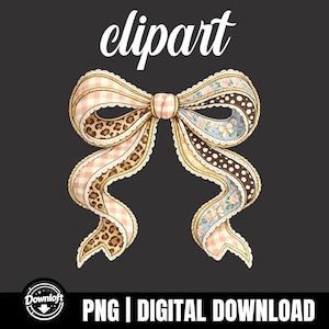 Puede incluir: Ilustraci&oacute;n de un lazo decorativo con varios patrones, incluyendo estampado de leopardo, cuadros vichy y dise&ntilde;os florales. El lazo est&aacute; delineado en crema y tiene la palabra "clipart" en escritura blanca en la parte superior. La parte inferior de la imagen dice "PNG | DIGITAL DOWNLOAD".