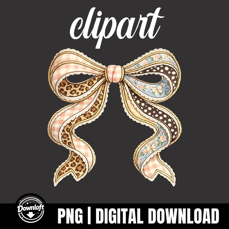 Puede incluir: Ilustraci&oacute;n de un lazo decorativo con varios patrones, incluyendo estampado de leopardo, cuadros vichy y dise&ntilde;os florales. El lazo est&aacute; delineado en crema y tiene la palabra "clipart" en escritura blanca en la parte superior. La parte inferior de la imagen dice "PNG | DIGITAL DOWNLOAD".