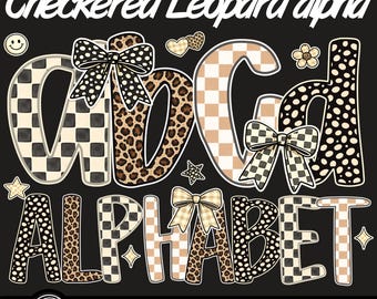 Geruit luipaardalfabet PNG, neutrale krabbelletters, coquette-striklettertype, beige zwarte letter, alfa en cijfer, retro sublimatieontwerp