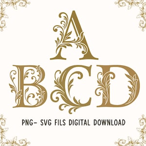 Könnte beinhalten: Vier verzierte, goldfarbene Buchstaben: A, B, C und D, mit dekorativen floralen Verzierungen. Die Buchstaben stehen vor einem cremefarbenen Hintergrund. Der Text "PNG- SVG FILS DIGITAL DOWNLOAD" steht darunter.