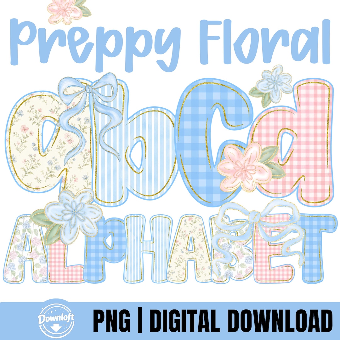 Preppy Grandmillennial Blue Floral Alphabet Png, Preppy Floral Alpha ...