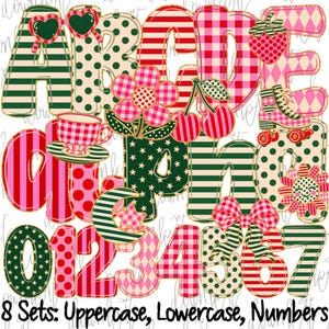 May include: A digital graphic set featuring uppercase letters, lowercase letters, and numbers 0-7. The characters display patterns including red and green stripes, polka dots, gingham, and stars. Decorative icons include hearts, flowers, cherries, a teacup, a roller skate, a moon, and a bow.