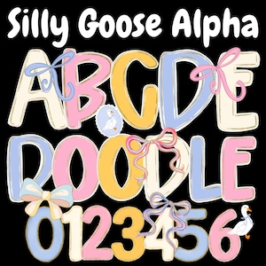 Może przedstawiać: Kapryśny projekt z napisem "Silly Goose Alpha" nad kolorowym alfabetem i cyframi. Litery i cyfry są w pastelowych kolorach z dekoracyjnymi kokardkami i ilustracją gęsi, wszystko na czarnym tle.