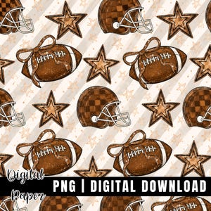 May include: A digital paper pattern featuring brown checkered football helmets, brown footballs tied with glittery bows, and brown stars on a background of diagonal white and beige stripes. The text Digital Paper PNG Digital Download is visible.