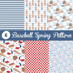 May include: A digital collection of six baseball-themed patterns featuring navy blue stripes, baseball bats on light blue stripes, baseball gloves and balls on a checkered background, baseball gear, red and white checkers, and baseballs with stars.
