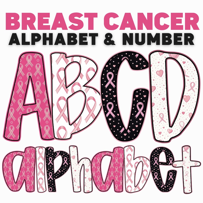 Breast Cancer Awareness Alphabet PNG Bundle: Pink Doodle Letters ...