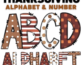 Può includere: Design dell'alfabeto e dei numeri del Ringraziamento. L'immagine presenta le lettere A, B, C e D, insieme alla parola ALPHABET. Le lettere sono decorate con motivi a pois, a righe e quadrati nei toni del marrone e dell'arancione.