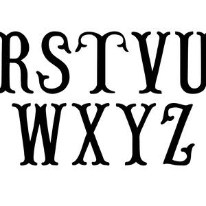 May include: Black serif font letters R, S, T, V, U, W, X, Y, and Z on a white background. The letters have decorative flourishes.
