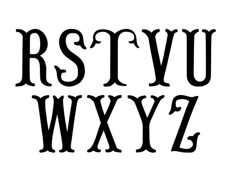 May include: Black serif font letters R, S, T, V, U, W, X, Y, and Z on a white background. The letters have decorative flourishes.