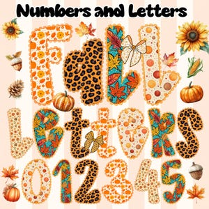 Puede incluir: Imagen decorativa con las palabras "Fall Letters" y los números 0-5, adornada con motivos otoñales. Las letras y los números están decorados con hojas de otoño, estampado de leopardo y calabazas. Girasoles, bellotas y maíz completan el tema otoñal.