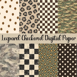 Może przedstawiać: Kolekcja ośmiu wzorów papieru cyfrowego z kropkami, panterką, szachownicą i wzorami moro w różnych paletach kolorystycznych. Tekst "Leopard Checkered Digital Paper" jest wyśrodkowany na środku obrazu.