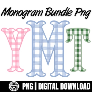 May include: A digital PNG file featuring the letters Y, M, and T in a gingham pattern. The letter Y is pink, M is light blue, and T is green. The words "Monogram Bundle Png" are at the top in a black script font.
