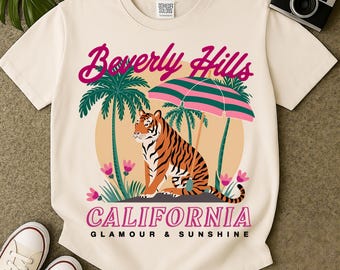 PNG retro de Beverly Hills: Diseño de tigre con vibraciones veraniegas (descarga digital)