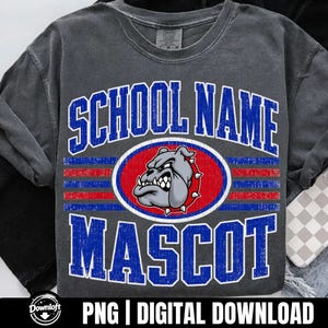 Op de afbeelding: Een antracietgrijs T-shirt met korte mouwen en een grafische print met de tekst SCHOOL NAME in blauwe letters boven een ovaal met een grijze bulldog-mascottekop, met het woord MASCOT in blauwe letters onder het ovaal op een rood-blauwe gestreepte achtergrond.