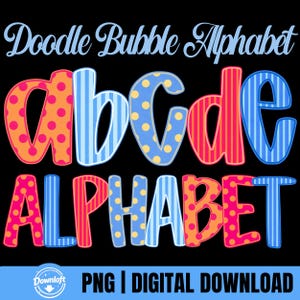 Può includere: Design colorato dell'alfabeto a bolle doodle su sfondo nero. Le lettere presentano vari motivi, tra cui pois e strisce. Include anche il testo "PNG | DIGITAL DOWNLOAD".