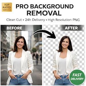May include: Image showcasing a "Pro Background Removal" service. The image displays a "Before" and "After" comparison, highlighting the background removal process. Text includes "Clean Cut," "24h Delivery," and "High Resolution PNG."