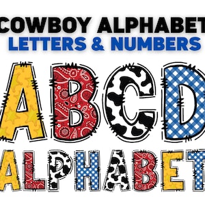 Alfabeto vaquero PNG, letras y números del oeste, fuente de rodeo de granja PNG, paquete de alfabeto de cuadros vichy con estampado de vaca y bandana para manualidades infantiles PNG