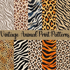 Könnte beinhalten: Eine digitale Sammlung von zehn verschiedenen Tiermustern mit Leopardenflecken, Tigerstreifen und Zebramustern in verschiedenen Farbpaletten, darunter Schwarz, Weiß, Orange und Hellbraun. Der Text Vintage Animal Print Patterns ist zentriert.