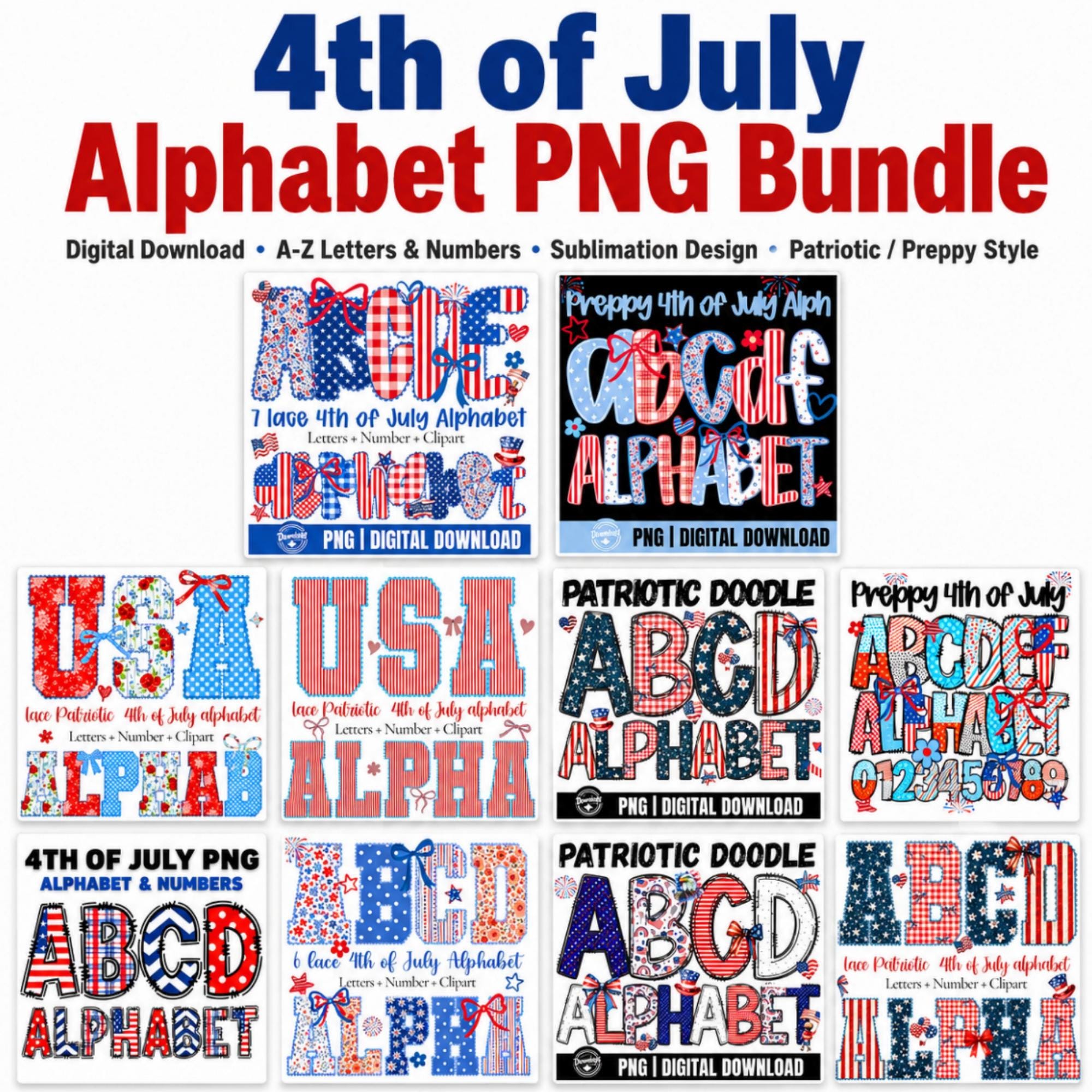 10 4th of July Alphabet PNG Bundle, Preppy Patriotic Doodle Letters ...