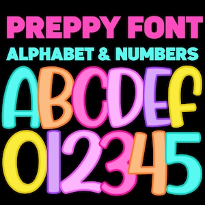Neon Preppy Letters and Numbers PNG Bundle, Bright Doodle Alphabet Clipart, Colorful A-Z a-z 0-9 Sublimation Font, School Alpha Set Clipart