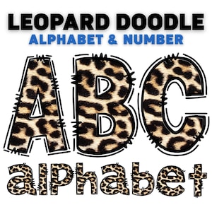 Pacchetto di scarabocchi leopardati in formato PNG, pacchetto di lettere dell&#39;alfabeto in formato PNG, scarabocchi disegnati a mano, lettere dell&#39;alfabeto in stile safari con design leopardato, alfabeto in formato PNG per sublimazione