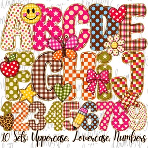 Retro-Lehreralphabet-PNG-Bundle, Preppy-Patchwork-Alphabet, Buntes Vichy-Karo-Punkte-Alphabet, Alphabet für den Schulanfang, Retro-Doodle-Buchstaben (PNG)