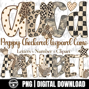 May include: A digital graphic set featuring the letters a, b, c, d and ALPHABET in various patterns including leopard print, black and white checkers, camouflage, and brown polka dots, accented with bows, a lightning bolt, heart, and leaves.