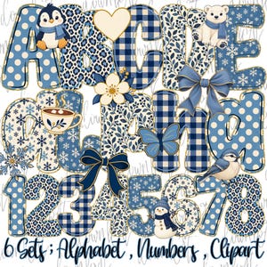 May include: A digital graphic set featuring blue and white patterned letters A through E and numbers 1 through 8. The designs include polka dots, leopard print, plaid, and snowflakes. Decorative elements include a penguin, polar bear, snowman, bird, bows, a heart, a flower, a butterfly, and a cocoa mug.