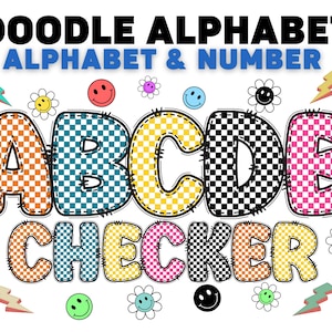 Checker Retro Font PNG Bundle: Smiley Alphabet & Clipart (Digital Download