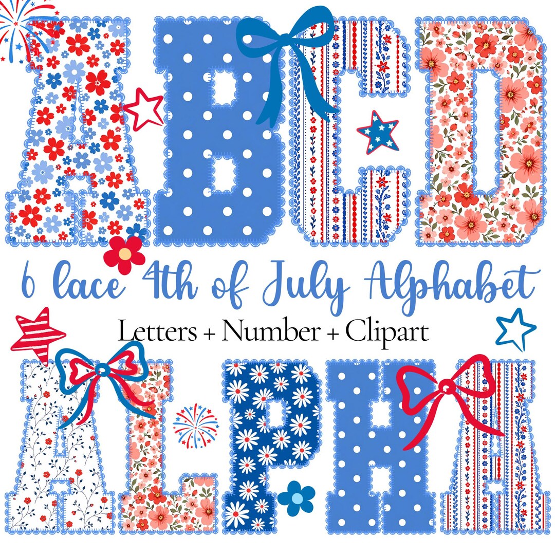 4th of July Alphabet PNG, Lace USA Alphabet, Patriotic Bow Floral ...