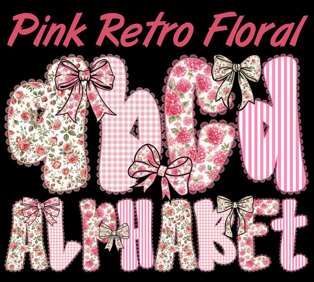 Pink Retro Floral Alphabet Bundle PNG, Preppy Grand Millennial Font ...