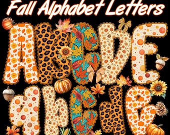 Op de afbeelding: Kleurrijke herfst alfabet letters met diverse patronen, waaronder pompoenen, bladeren en luipaardprint, tegen een zwarte achtergrond. De tekst "Fall Alphabet Letters" staat bovenaan.