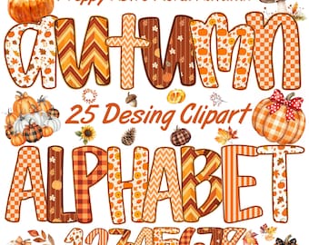 Preppy Retro Floral Autumn alphabet Png, Floral Alphabet Png, Retro Gingham Autumn Png, Colorful Doodle Font Clipart, Retro Fall Alphabet
