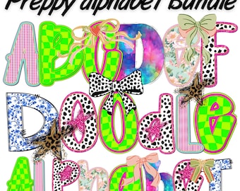 Preppy Doodle Alphabet Bundle PNG, Coquette Bow Letters, Neon Checkered Font, School Teacher Alphabet Flower, Gingham Retro Preppy Font