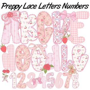 Preppy Coquette Lace Alphabet PNG, Lace Floral Alpha, Letters & Numbers, Pink Coquette Girly Clipart, Pastel Floral Gingham,Instant Download