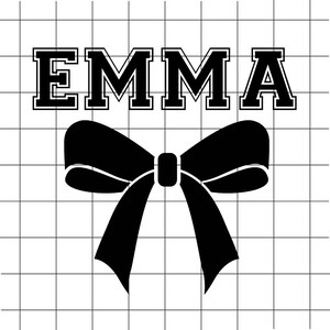 May include: A black bow with a white outline is centered below the name "EMMA" in a bold, collegiate-style font. The background is a grid of white lines, creating a clean and simple design.