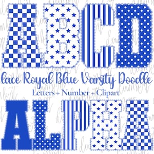 May include: A digital graphic set featuring royal blue varsity-style letters with various patterns including checkers, stars, stripes, and polka dots. Each letter has a scalloped lace-like border. The text reads Lace Royal Blue Varsity Doodle Letters + Number + Clipart ALPHA.