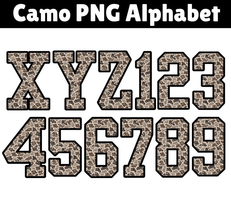 Camo Alphabet PNG Sublimation Design Camouflage Letters Varsity Font ...