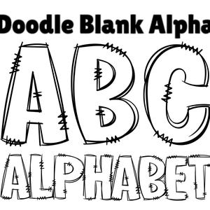 Puede incluir: Alfabeto en blanco y negro estilo garabato con las letras A, B y C, con la palabra «Alphabet» debajo. Las letras están delineadas con una gruesa línea negra y tienen una apariencia cosida. Las palabras «Doodle Blank Alpha» están en la parte superior.