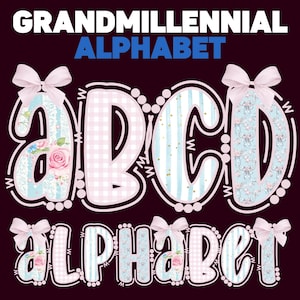 Grandmillennial Alphabet Floral Coquette Png, Vintage Floral Letter Clipart with Bows Png, Floral Alphabet Png, Preppy Designs,Hand Lettered