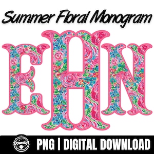May include: A digital graphic featuring the letters E, H, and N in a floral monogram design. The letters are outlined in bright pink and filled with a pattern of pink roses and blue flowers. The words "Summer Floral Monogram" are above the letters.