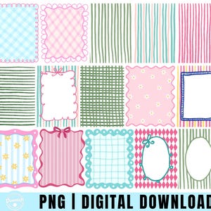 May include: A collection of digital PNG frames and backgrounds in various patterns and colors. Designs include gingham, stripes, and floral patterns, with scalloped and decorative edges. The text "PNG | DIGITAL DOWNLOAD" is at the bottom.