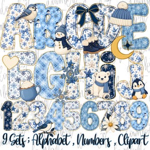 May include: A digital alphabet and number set featuring blue and white winter-themed patterns. Each character is decorated with snowflakes, bows, and plaid designs, accented by illustrations of a bird, snowman, boots, mug, bear, penguin, and moon.