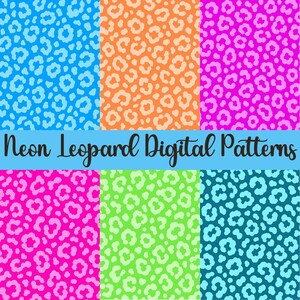 Könnte beinhalten: Eine Sammlung von sechs digitalen Neon-Leopardenmustern in den Farben Hellblau, Orange, Pink, Limettengrün und Türkis. Der Text Neon Leopard Digital Patterns ist mittig in einer dunklen Schreibschrift über das Bild gelegt.