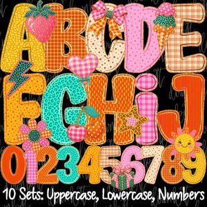 May include: A digital graphic featuring the alphabet letters A through J and numbers 0 through 9. Each character is filled with vibrant patterns including leopard print, plaid, and polka dots in orange, pink, and teal. Decorative icons include a strawberry, bow, ice cream cone, heart, cherries, star, flower, sun, and gift box.