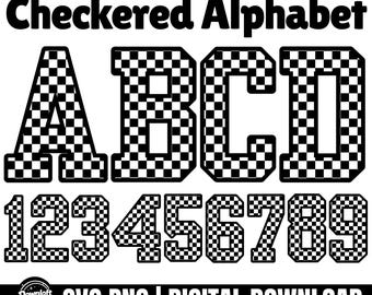 Checkered Alphabet SVG PNG, Black White Block Letters Numbers Svg, Checkered Letters, Racing Flag, Varsity Checkered Alpha, Digital Download